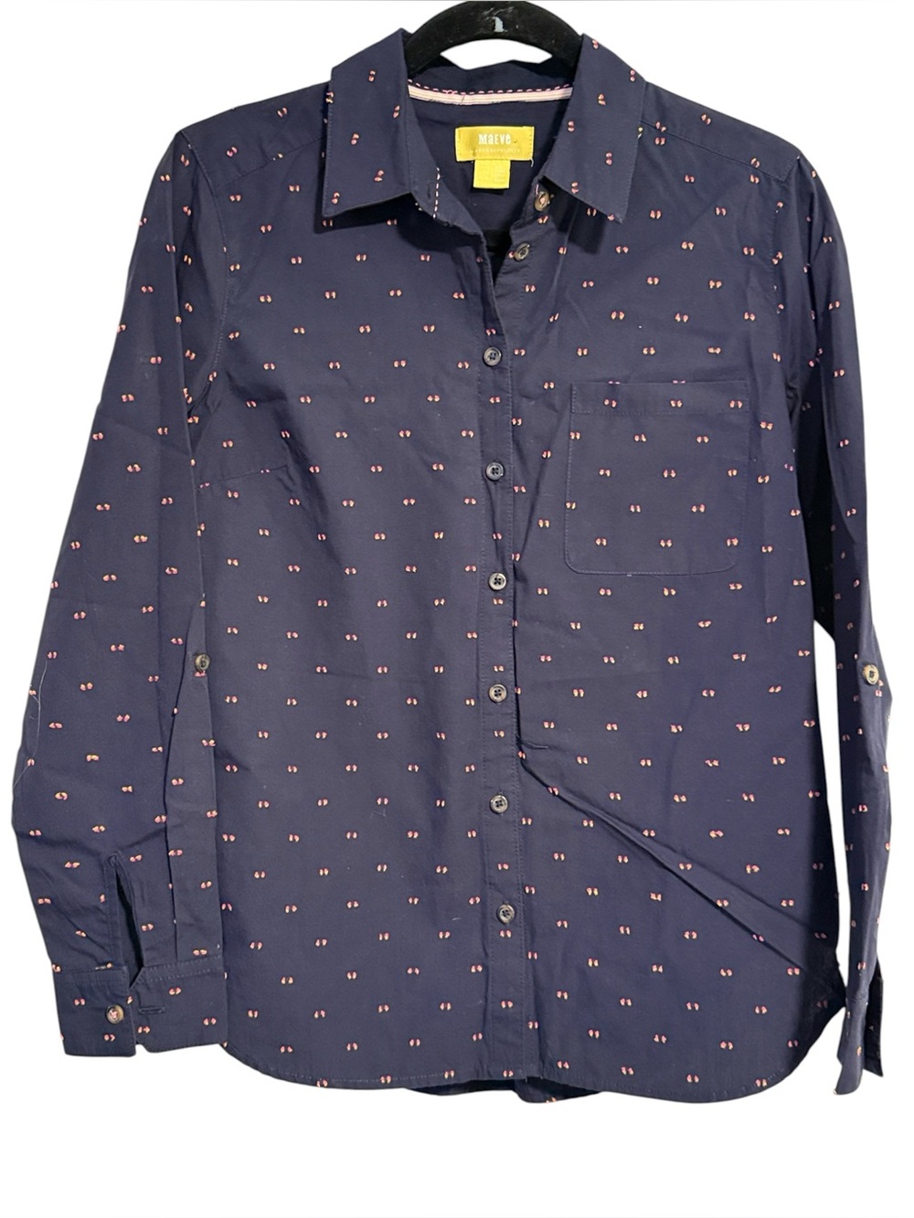 Maeve by Anthropologie Navy Blue Button Down Shirt with Pink and Yellow Dots
